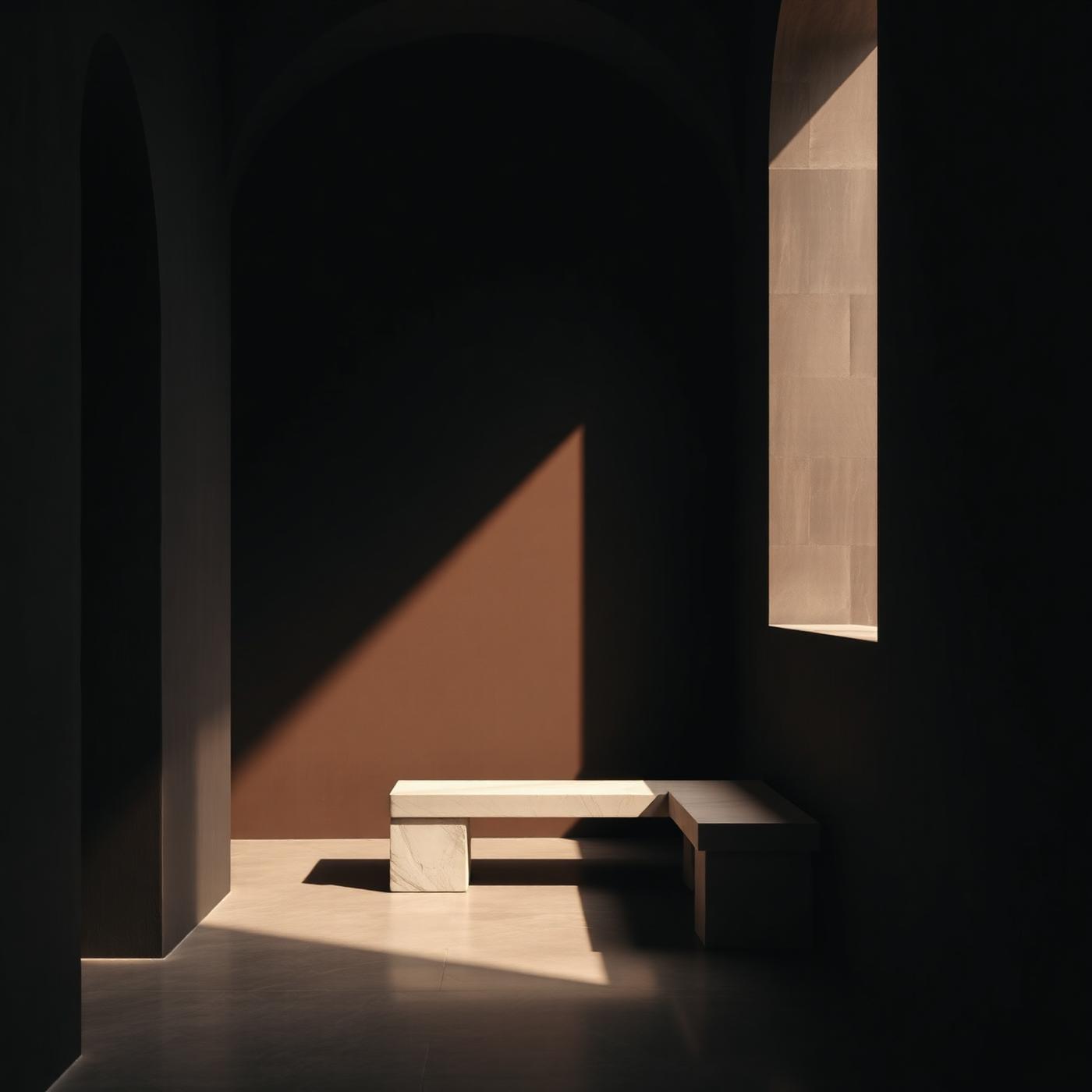 A dark plaster hallway with a limestone bench in warm light
