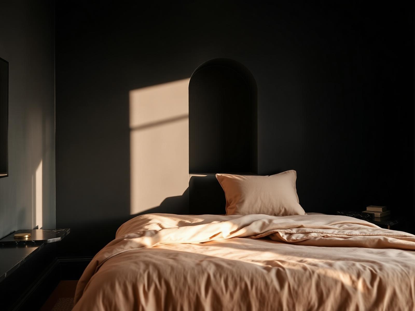 A styled bedroom in charcoal plaster and warm linen