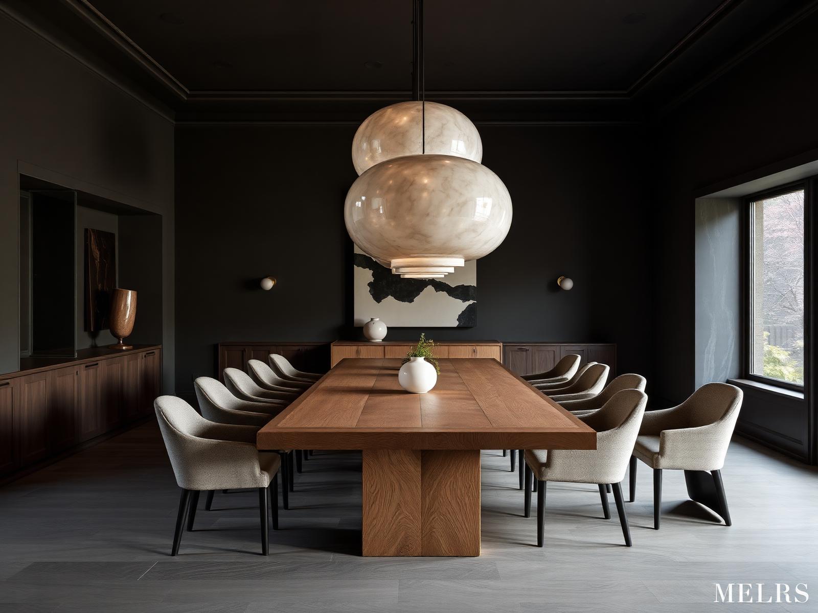 A dining room set in soft evening light